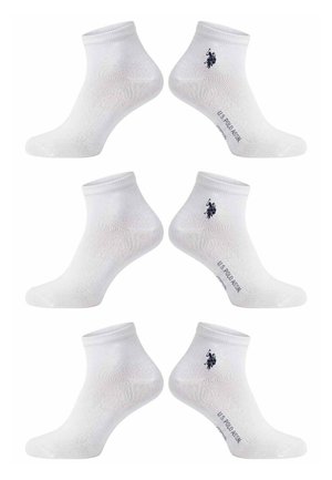 Sechs weiße Knöchelsocken mit geripptem Bund, mit kleinem schwarzem U.S. Polo Assn.-Logo und Schriftzug an der Seite.