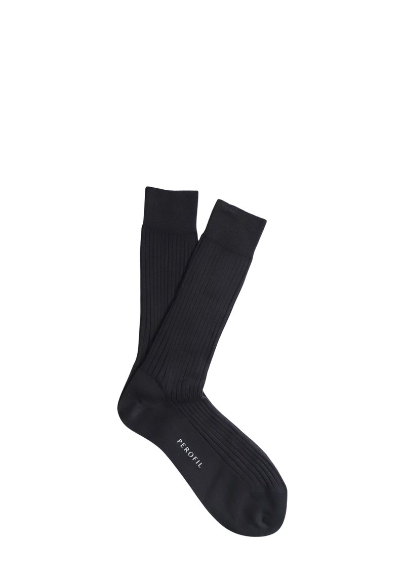 Calze nere a coste, realizzate in materiale morbido e di colore uniforme. Presentano una punta liscia e un bordo elasticizzato. Nome del marchio stampato sulla suola.