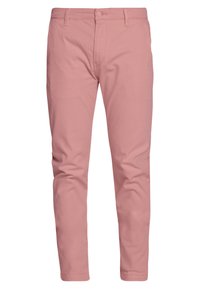 Light pink chinos with a slim fit, made of smooth cotton material. Features a button closure and standard five-pocket design.