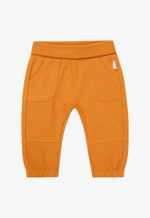 Orangene Baumwollhose mit einem elastischen Bund, Seitentaschen und gerafften Bündchen. Glatte Textur mit lässigem Design.