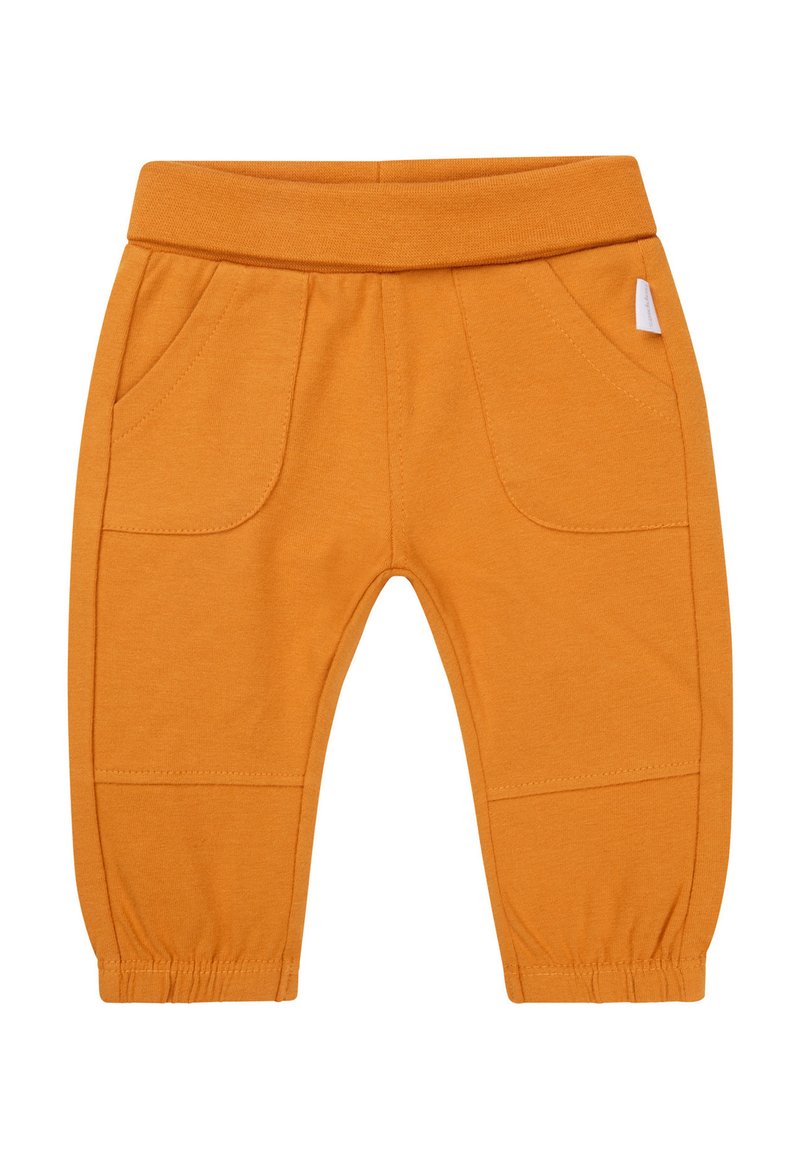 Orangene Baumwollhose mit einem elastischen Bund, Seitentaschen und gerafften Bündchen. Glatte Textur mit lässigem Design.