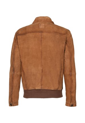 Veste en daim marron avec ceinture côtelée et poignets boutonnés, vue de dos, avec une petite pièce en cuir cousue sous le col.