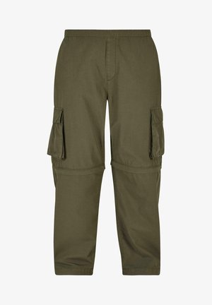 Pantalones cargo verde oliva hechos de tejido ligero, con varios bolsillos laterales, una cintura elástica y un diseño de corte recto.
