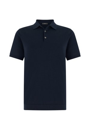 Polo a maniche corte blu navy con abbottonatura a due bottoni e polsini a costine.