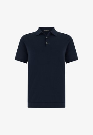 Polo a maniche corte blu navy con abbottonatura a due bottoni e polsini a costine.
