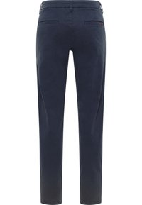 Marineblaue Baumwoll-Chinos mit schlankem Design, fünf Taschen, gerader Beinform und glatter Textur.