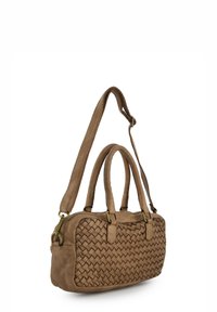 Brown leather handbag with woven texture, dual top handles, adjustable long strap, and golden hardware accents. Zipper closure.