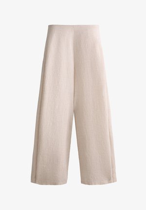 Leinen-Hosen mit weitem Bein in einem hellbeigen Farbton mit glatter Textur, hoch geschnitten und klaren, geraden Linien.