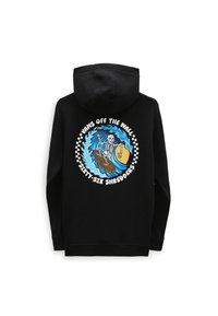 Felpa nera con cappuccio caratterizzata da una grafica colorata di uno scheletro che fa surf, circondato da un'onda blu, con il testo "VANS OFF THE WALL" in bianco.