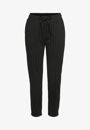Pantalones de rayas negras con cintura elástica y cordón ajustable, que cuentan con una pierna ajustada y una textura de tela suave.