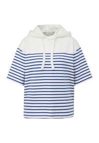 Baumwoll-Hoodie mit kurzen, weiten Ärmeln, der horizontale blau-weiße Streifen zeigt und eine Kordel am Ausschnitt hat.