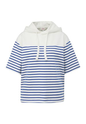 Baumwoll-Hoodie mit kurzen, weiten Ärmeln, der horizontale blau-weiße Streifen zeigt und eine Kordel am Ausschnitt hat.