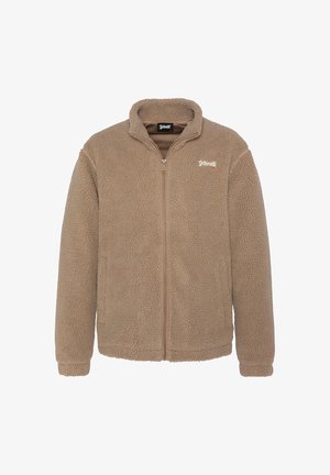 Giacca in pile marrone con zip frontale, collo alto e superficie strutturata. Presenta un piccolo logo sul lato sinistro. Design leggero.