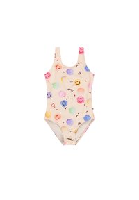 Maillot de bain en tissu doux et extensible, avec une base beige clair ornée de motifs colorés de visages souriants et de points, et de larges bretelles.