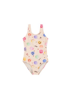 Maillot de bain en tissu doux et extensible, avec une base beige clair ornée de motifs colorés de visages souriants et de points, et de larges bretelles.
