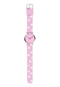 Rote Uhr mit blümchenmusterndem Nylonarmband, silbernen Akzenten, rundem Zifferblatt sowie farbigen Stunden- und Minutenzeigern.