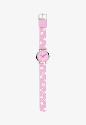 Roze horloge met een bloemenpatroon nylon band, zilveren onderdelen, ronde wijzerplaat en gekleurde uur- en minuutwijzers.