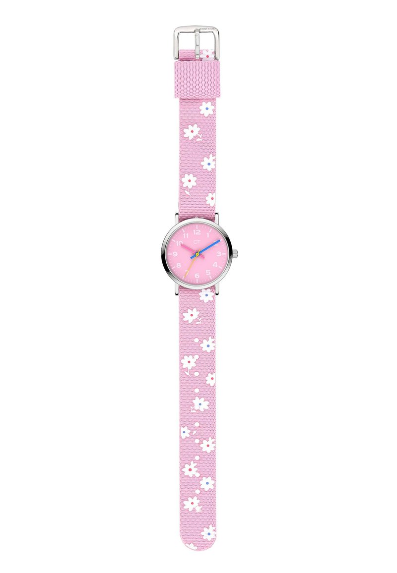 Rote Uhr mit blümchenmusterndem Nylonarmband, silbernen Akzenten, rundem Zifferblatt sowie farbigen Stunden- und Minutenzeigern.