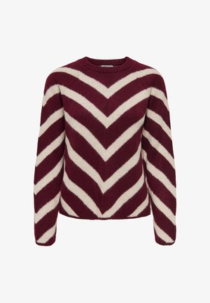 Suéter de chevrón en burdeos y crema con cuello redondo y mangas largas, hecho de una suave tela texturizada.