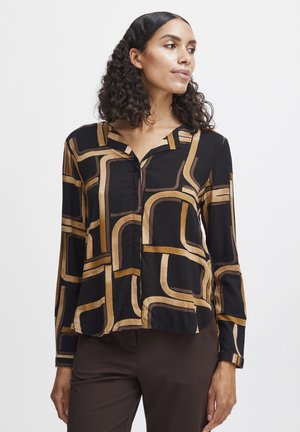 Black long-sleeve shirt with a geometric pattern of gold and brown lines. Features a button-up front and a relaxed fit. Soft fabric texture.