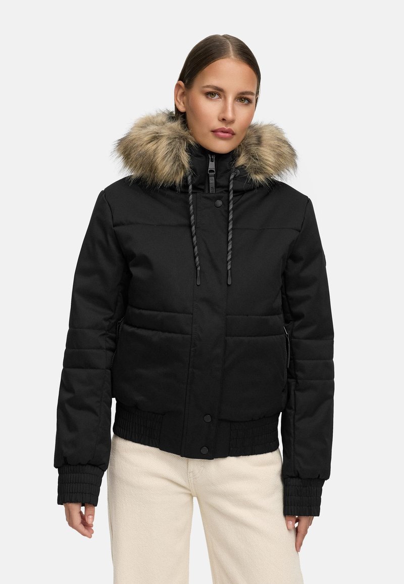 Black puffer jacket with a fur-lined hood, ribbed cuffs, snap button closure, and quilted pattern, designed for warmth and comfort.