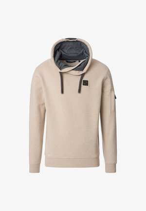 Light beige sweatshirt with a large, folded hood featuring a darker gray lining, adjustable drawstrings, and a chest logo patch.