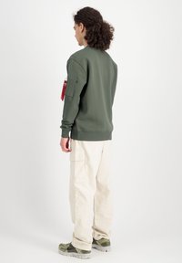 Sudadera verde oliva con puños y dobladillo acanalados, con un bolsillo lateral y un detalle de etiqueta roja. Combinada con pantalones cargo color crema y zapatillas verdes.