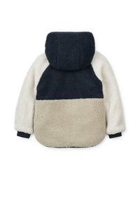 Fleecejacke mit Kapuze, farblich abgesetztem Design in Marineblau, Beige und Creme, mit texturiertem Außenmaterial und gerippten Bündchen.