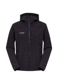 Black softshell jacket with a zip closure, hood, and two side pockets. Features a logo on the chest and textured fabric for durability.