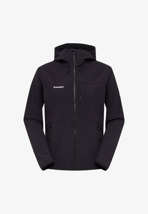 Čierna softshellová bunda so zapínaním na zips, kapucňou a dvoma bočnými vreckami. Na hrudi má logo a textílie je štruktúrovaná pre zvýšenú odolnosť.