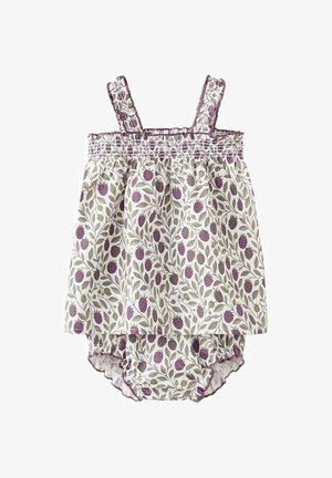 Robe sans manches pour tout-petit et bloomers assortis avec un motif de baies violettes et de feuilles vertes sur tissu blanc.