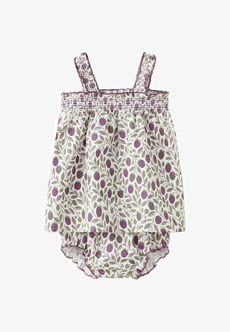 Robe sans manches pour tout-petit et bloomers assortis avec un motif de baies violettes et de feuilles vertes sur tissu blanc.