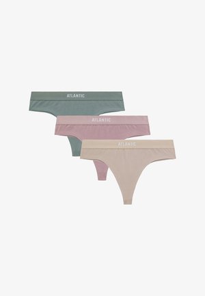 Trzy pary stringów z miękkiej bawełny. Kolory to zielony, różowy i beżowy, każdy z szerokim pasem oznaczonym napisem "ATLANTIC."