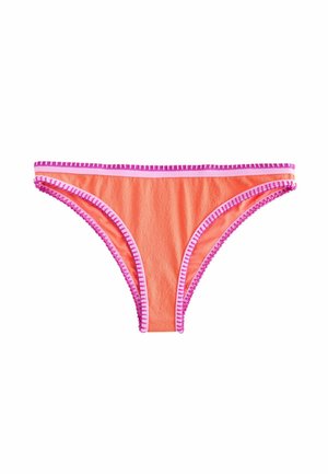 Orange bikini bottom with pink and purple trim on a white background, showing front view and simple design.