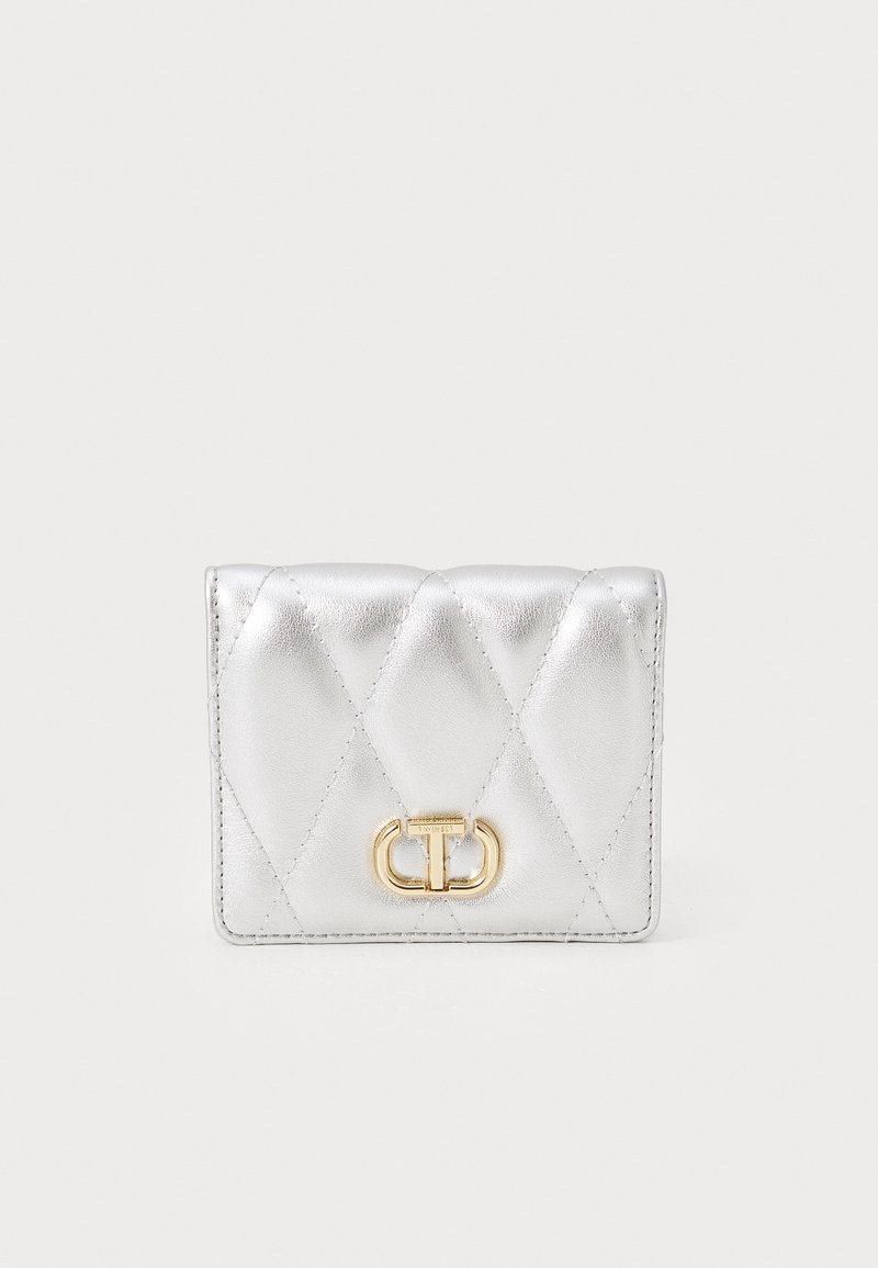 Silver quilted leather wallet with gold hardware, featuring a prominent clasp and a compact rectangular shape. Textured surface with diamond pattern.