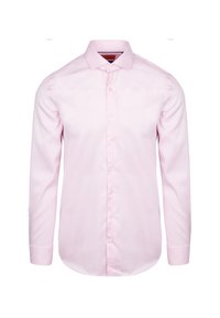 Lichtroze blouse met lange mouwen, een spread collar, knopen aan de voorkant en met knopen sluitende manchetten. Glad materiaal zonder zichtbare patronen of accenten.