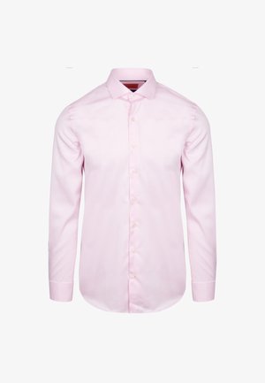 Lichtroze blouse met lange mouwen, een spread collar, knopen aan de voorkant en met knopen sluitende manchetten. Glad materiaal zonder zichtbare patronen of accenten.