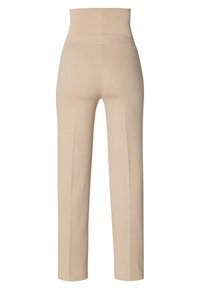 Beiga högmidjade byxor tillverkade av ett mjukt, stretchnppt tyg. Har två framfållar och en åtsittande silhuett.