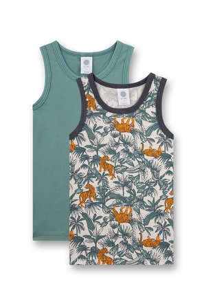 Deux hauts sans manches pour enfants, un vert uni mat et un blanc avec des feuilles tropicales vertes et un imprimé tigre orange.