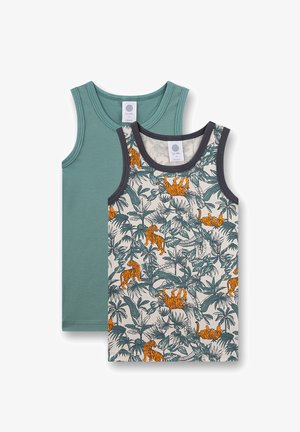 Due top senza maniche per bambini, uno verde opaco tinta unita e uno bianco con foglie tropicali verdi e stampa tigre arancione.
