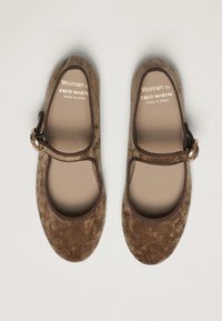 Zapatos tipo Mary Jane de terciopelo marrón con puntera redonda, correa ajustable con hebilla, interior suave color beige y suela flexible.