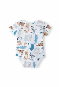 Bodysuit za bebe s kratkim rukavima u bijeloj boji s višebojnim motivima životinja. Ima okrugli izrez, meku tkaninu i uski kroj za udobnost.