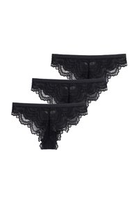 Set treh črnih čipkastih hlačic z valovitimi robovi in gladkim pasom, ki vsebujejo zapletene cvetlične vzorce po celotni tkanini.