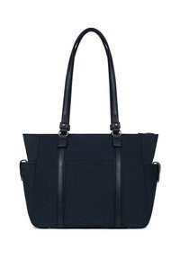 Borsa tote blu navy con manici superiori doppi, realizzata in tessuto testurizzato. Presenta una tasca esterna e una chiusura con zip, con dettagli in pelle.