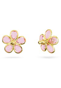 Kolczyki w kształcie kwiatu z metalem w kolorze złotym i różowymi kryształami w kształcie łzy. Projekt obejmuje pięć płatków i centralny słupek.