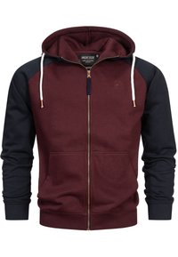 Bordeaux en marine hoodie met rits, met een capuchon met aantrekkoord, voorkeurszakken, geribde manchetten en een logodetail op de borst. Katoenblend stof.