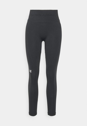 Schwarze Leggings aus dehnbarem Material, mit einem hohen Bund und dem "UNDER ARMOUR"-Logo sowie einem kleinen weißen Logo am unteren linken Bein.