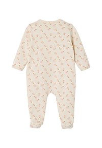 Light beige baby bodysuit with long sleeves, featuring a scattered floral pattern in pink and yellow. Soft fabric, enclosed feet design.