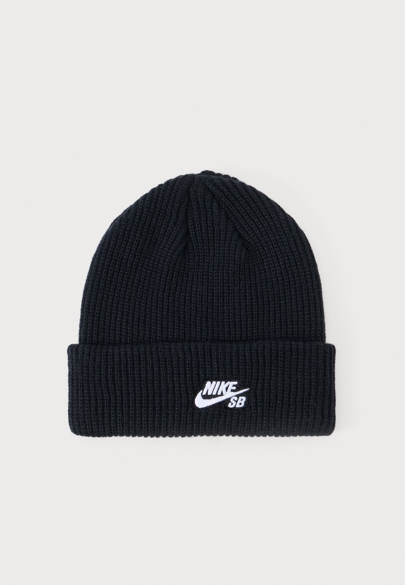 Berretto in maglia nera con texture a coste e risvolto. Presenta un logo ricamato bianco "NIKE SB" sul davanti.