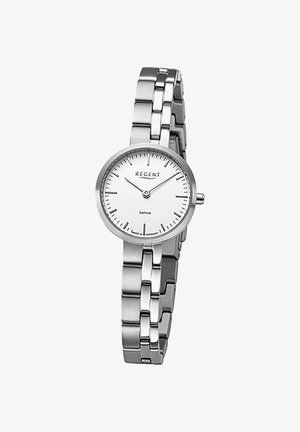 Montre-bracelet en métal argenté avec cadran blanc, marqueurs d'heure minimalistes et bracelet à maillons affichant l'heure 10h10.